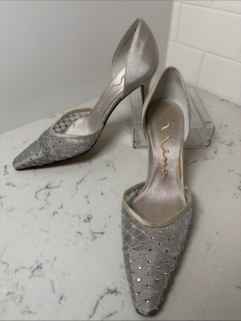 Rhinestone Silver Heels Quilted Pointed-Toe D'Orsay Size 6